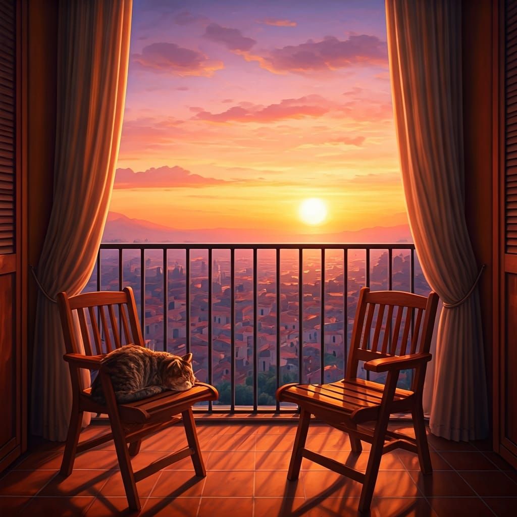 Balcony Sunset with Cat, Realistic Figurative Style