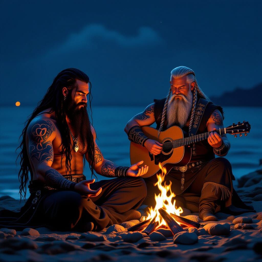 Dark Wizard Meditates by Fire on Coast