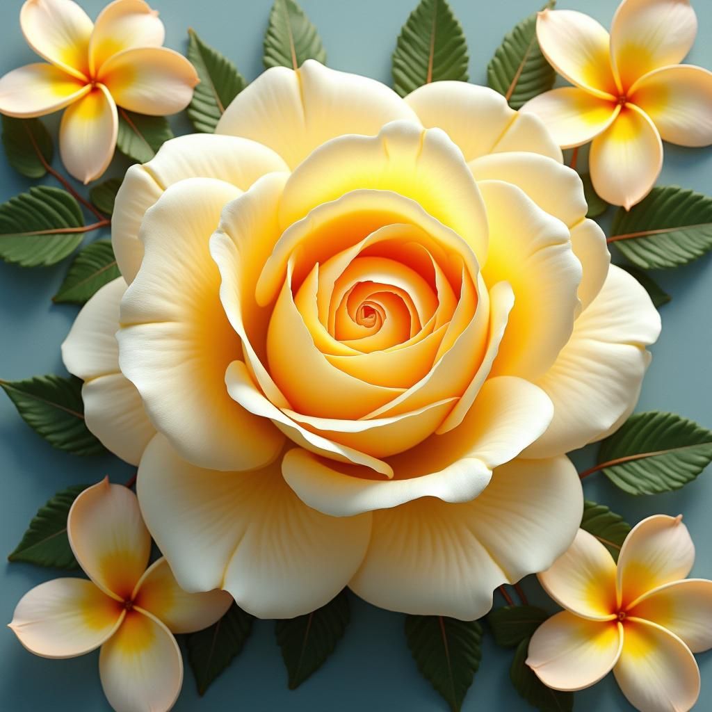 Light Yellow Rose Surrounded by Fig Leaves in Art Nouveau St...