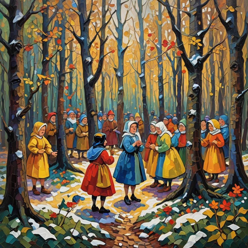 Snow White in Dreamlike Forest, Neo-Impressionist Style