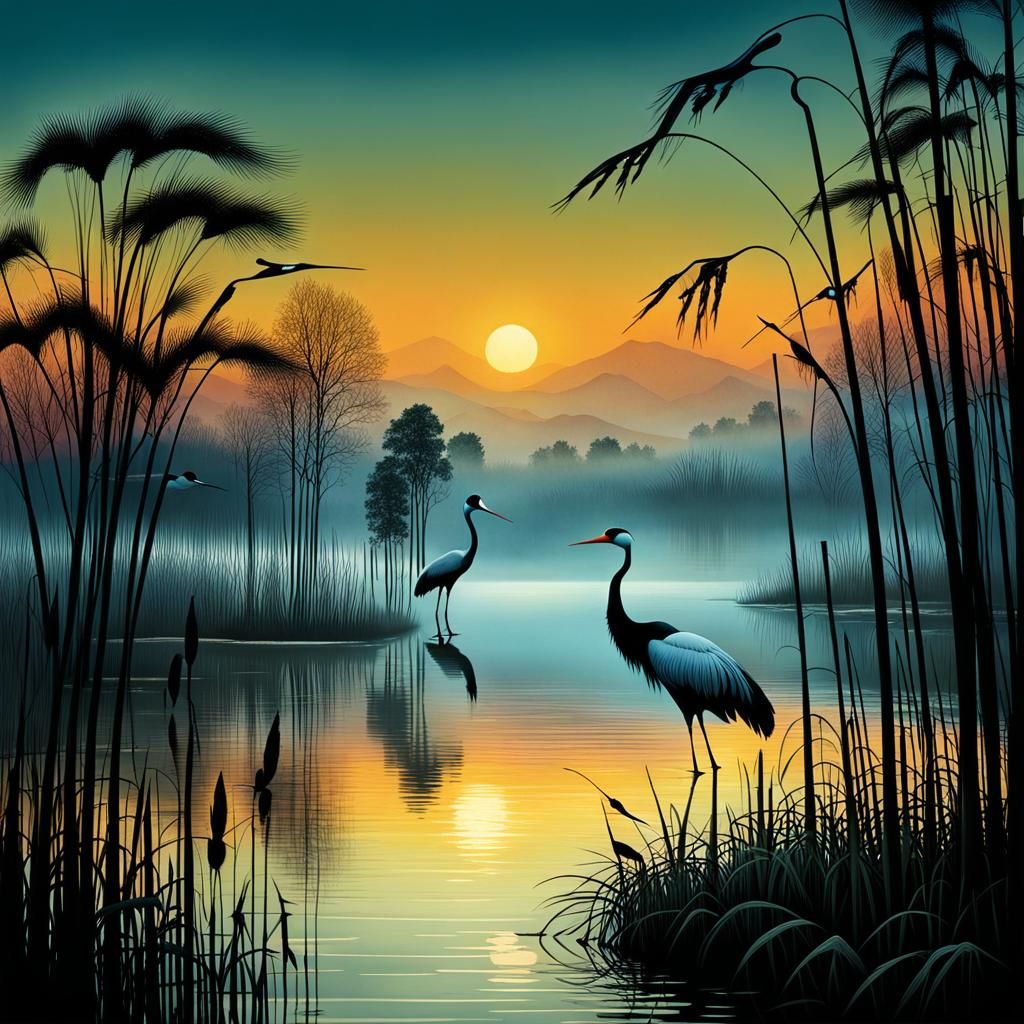 Cranes on Reed Shore in Graphic Novel Style