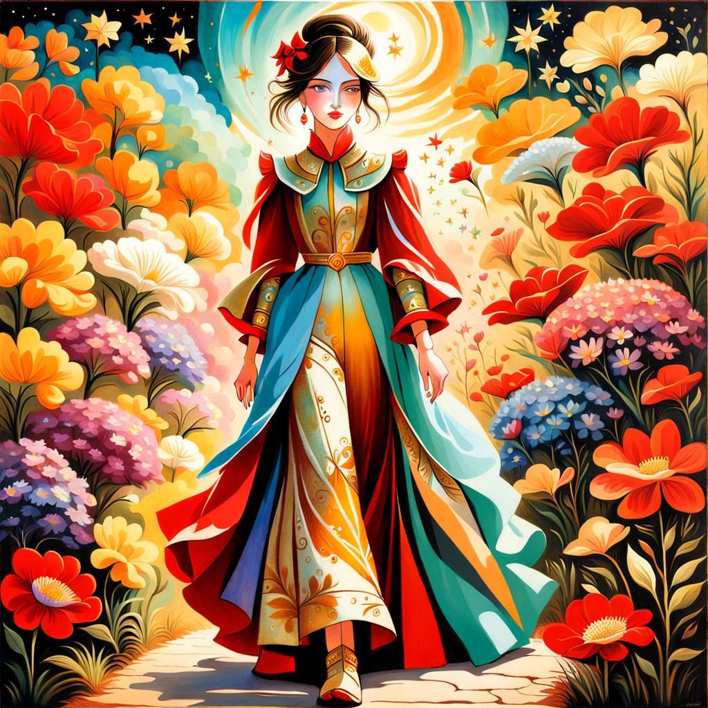Lady in Magical Garden: Red and Gold Painting