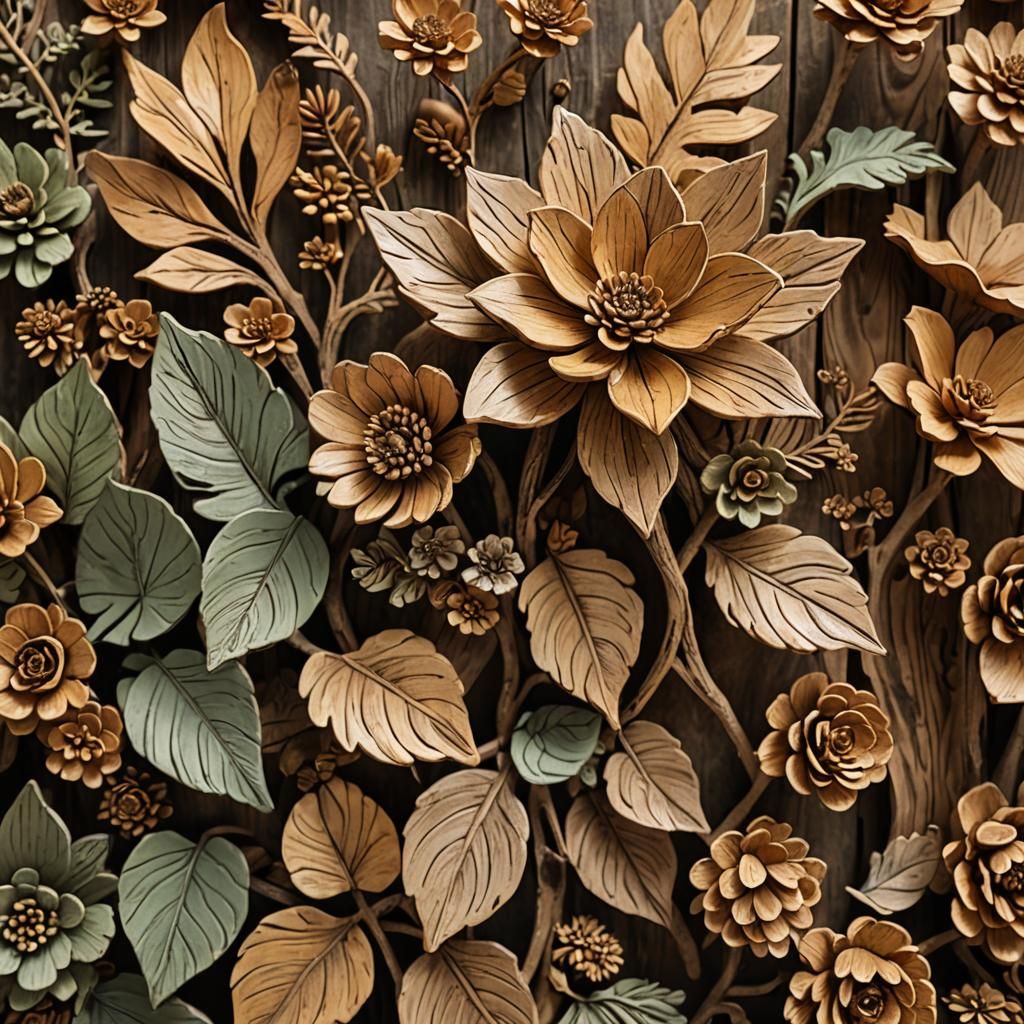 Wooden Botanical Sculptures in Rustic Planter