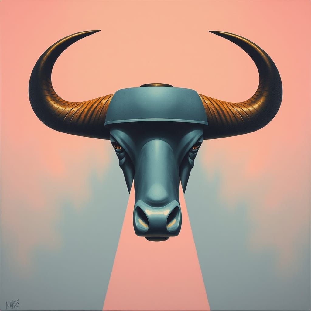 Avantgarde Antropomorphic Buffalo UFO Oil Painting