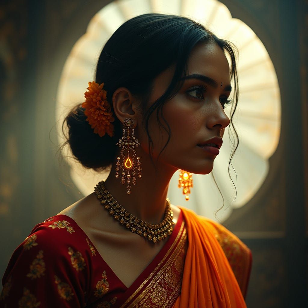Hyperrealistic Portrait of a Beautiful Indian Woman in Vibra...