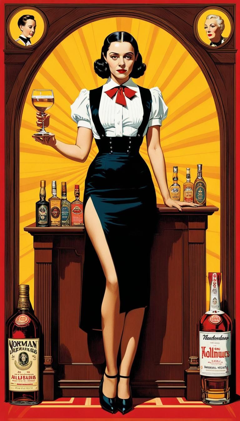 Wednesday Addams illustrated by Norman Rockwell for an old-timey liquor advertisement.