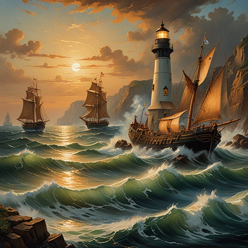 Lighthouse and Minbari Warships: A Maritime Oil Painting