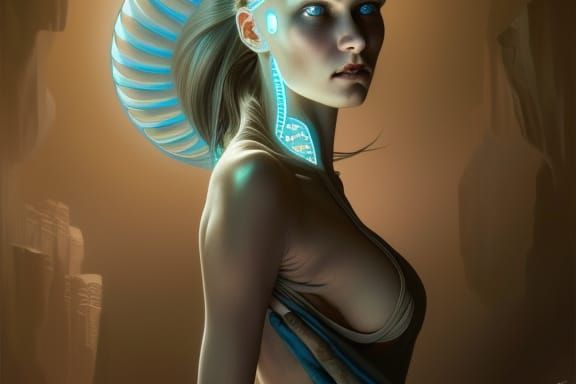 Alien woman with tight scaled skin high cheekbones and large baby blue eyes framed by long eyelashes, head and shoulders...