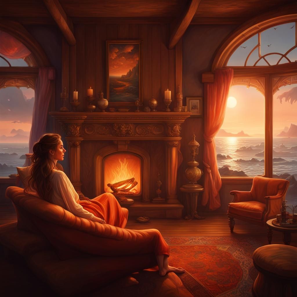 Cozy Home with Surreal Shoreline, Digital Art