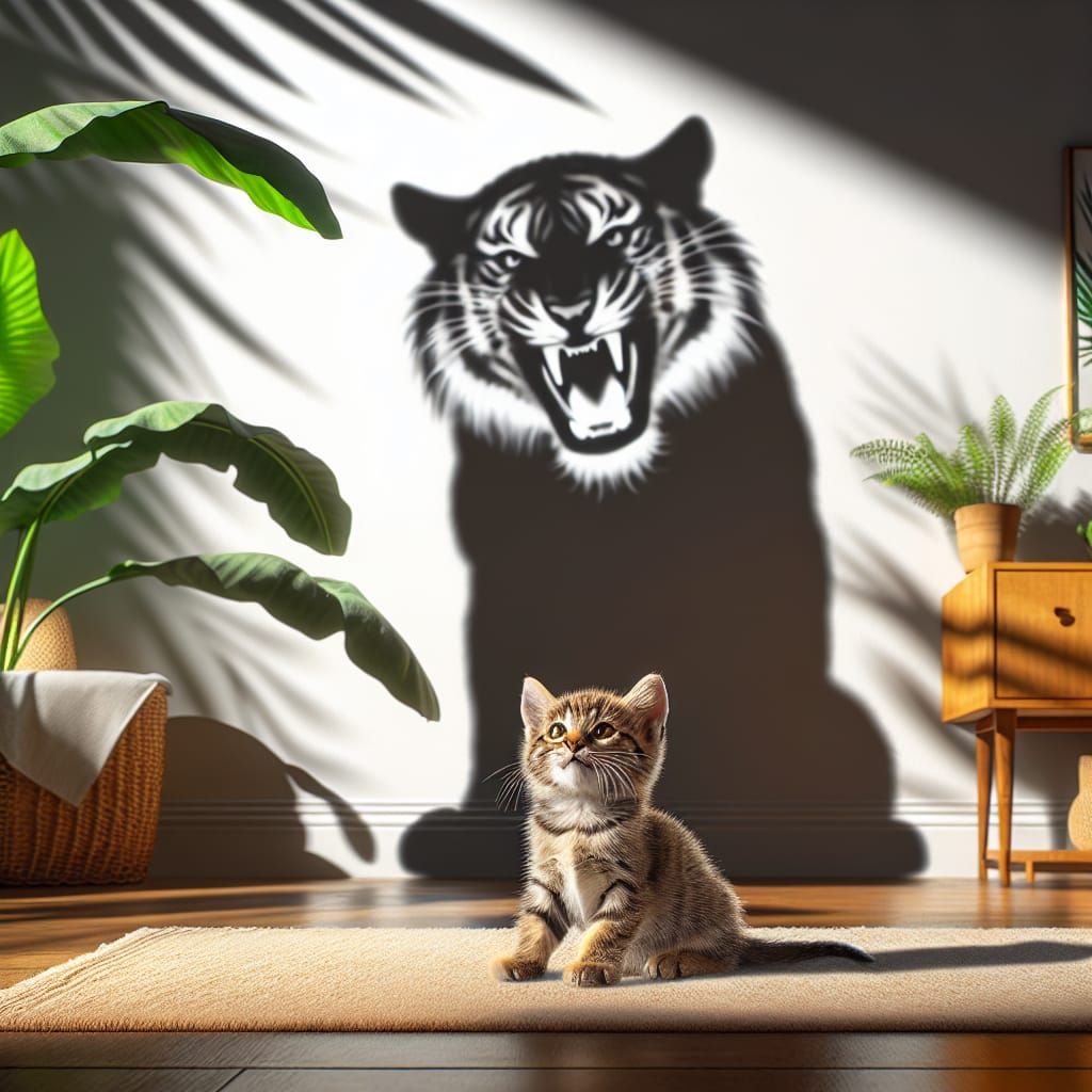 Cute Kitten Casts Tiger Shadow in Cozy Living Room