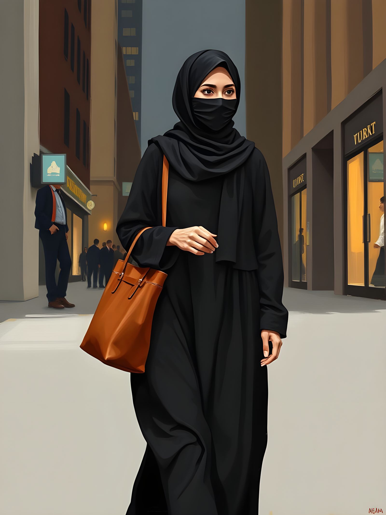 Minimalist Painting of Woman in Niqab in City