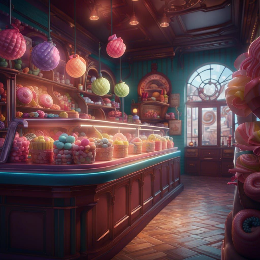 Fantastical Candy Shop Interior in Detailed Matte Painting