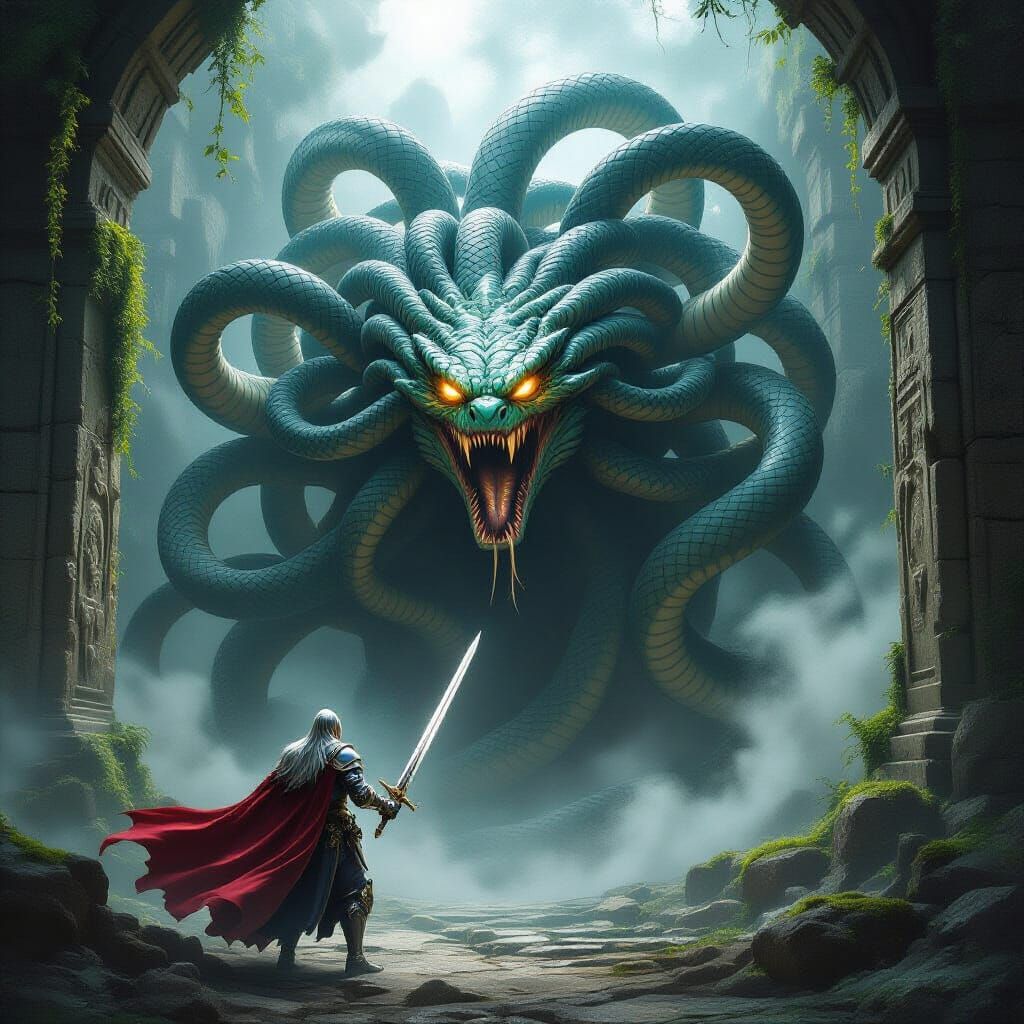 Knight Battles Gigantic Serpent Woman From Portal