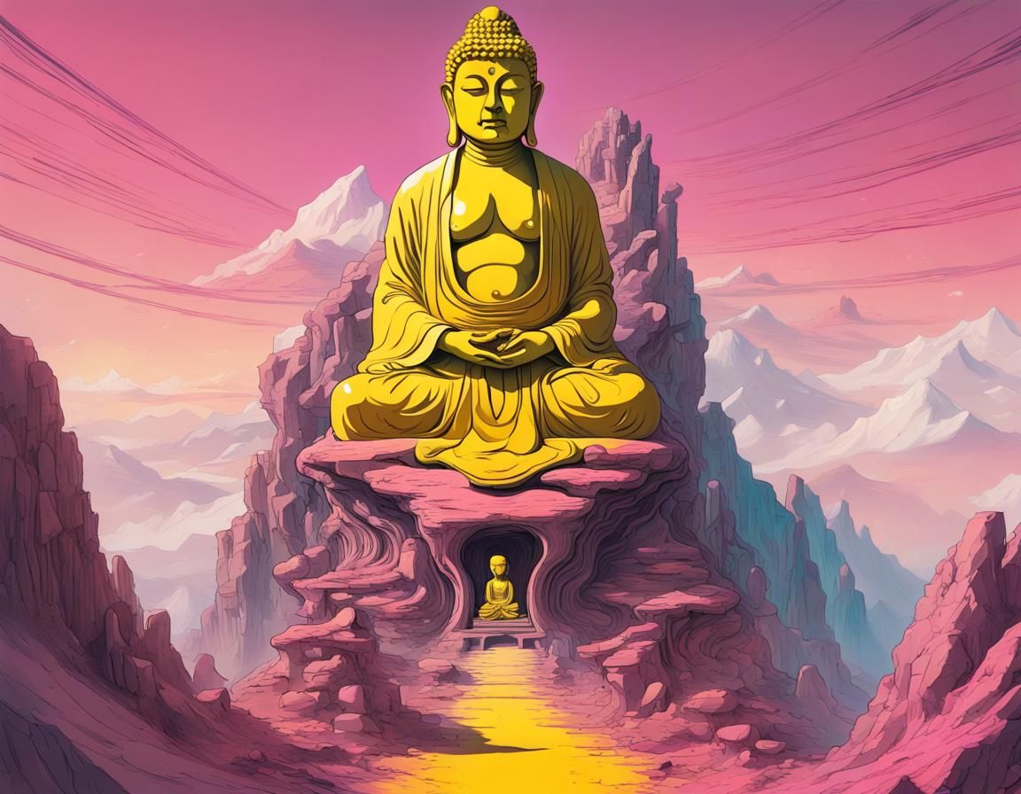 Cyborg Buddha Statue Mountain in Cyberpunk Style