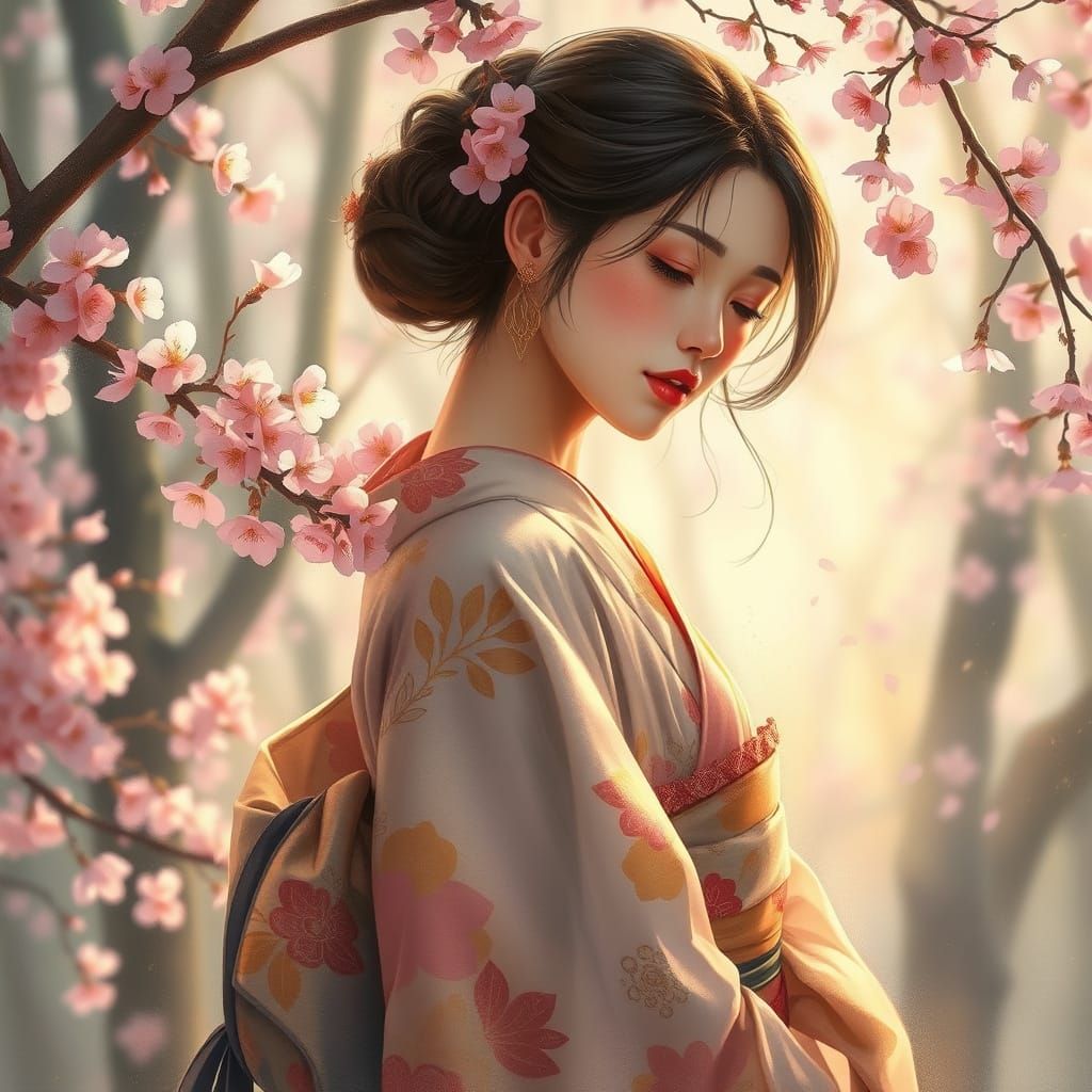 Whispering Woman in Cherry Blossom Forest