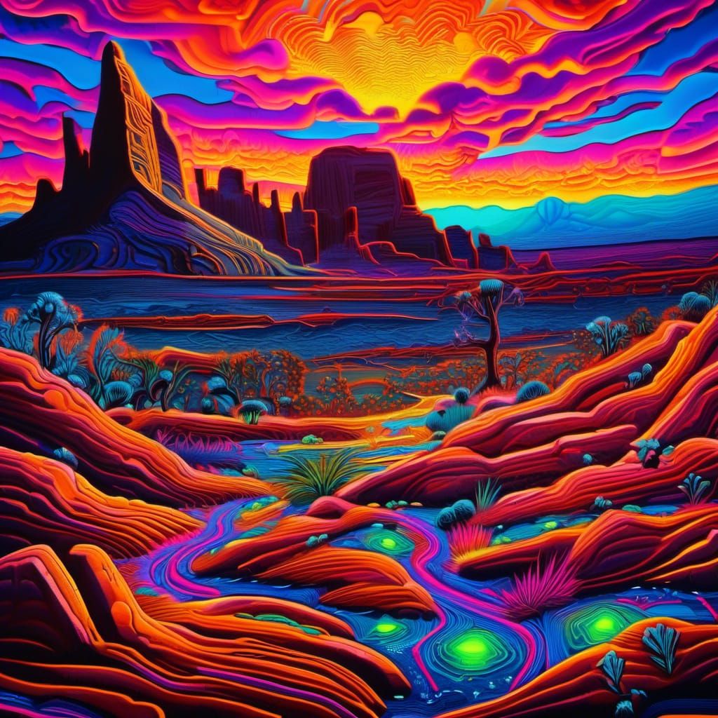 Neon Desert Petroglyphs in Psychedelic UV Art