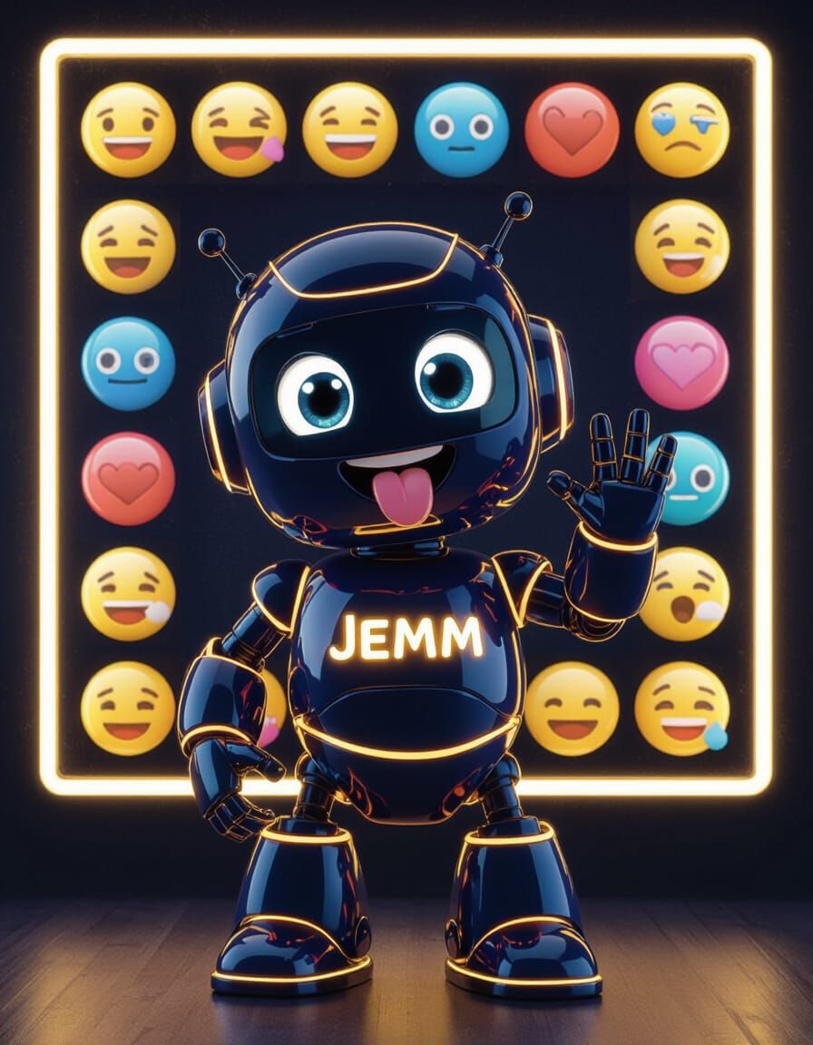 Cute 3D Mascot Robot JEMM with Neon Gold Highlights