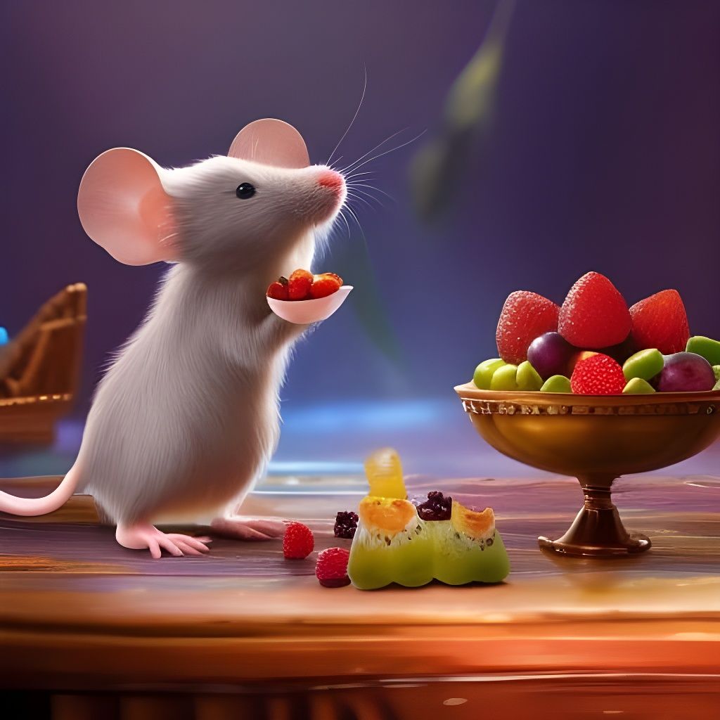 Cartoon Mouse with Miniature Fruit Bowl in Fairycore Style