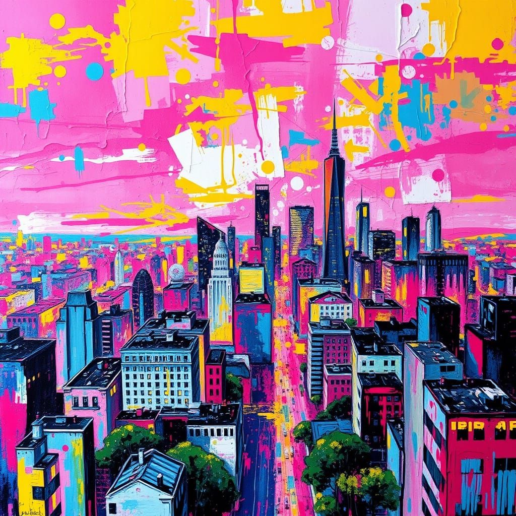 Dazzling Metropolis in Expressive, Splattered Brushstrokes S...