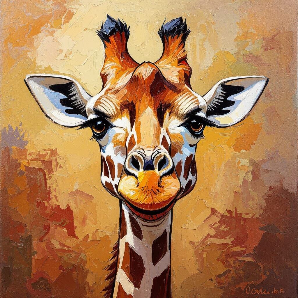 Majestic Giraffe Caricature in Impasto Oil Painting Style