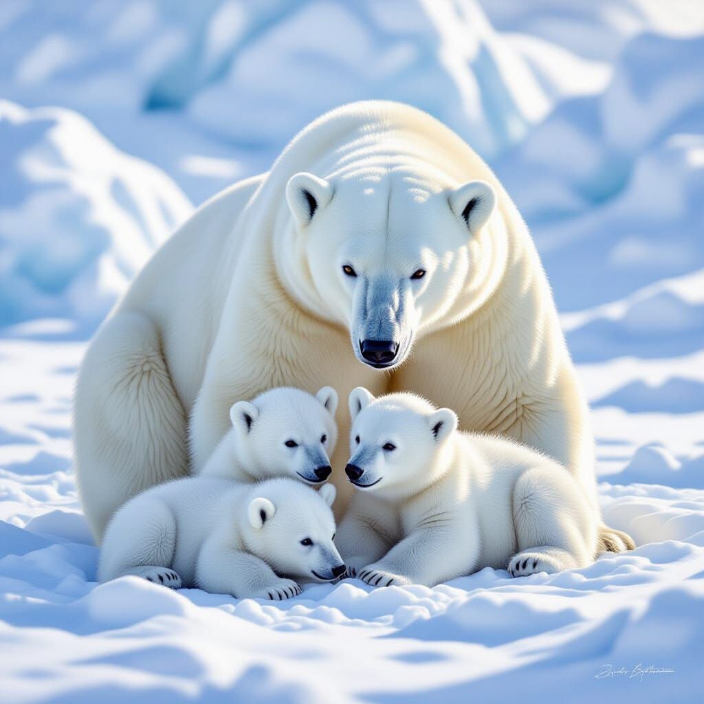 Polar Bear Family Playing in Arctic Snow