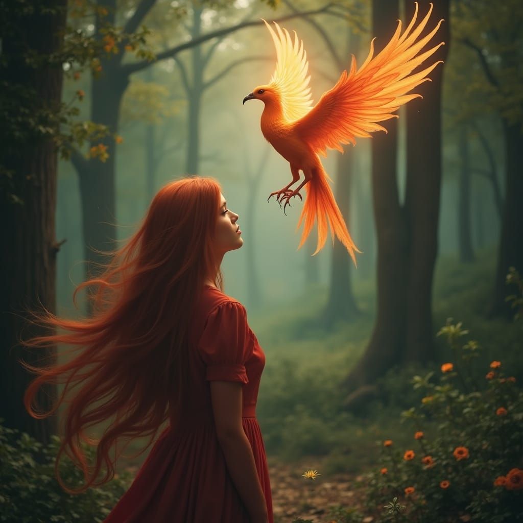 Woman and Phoenix in Mystical Forest