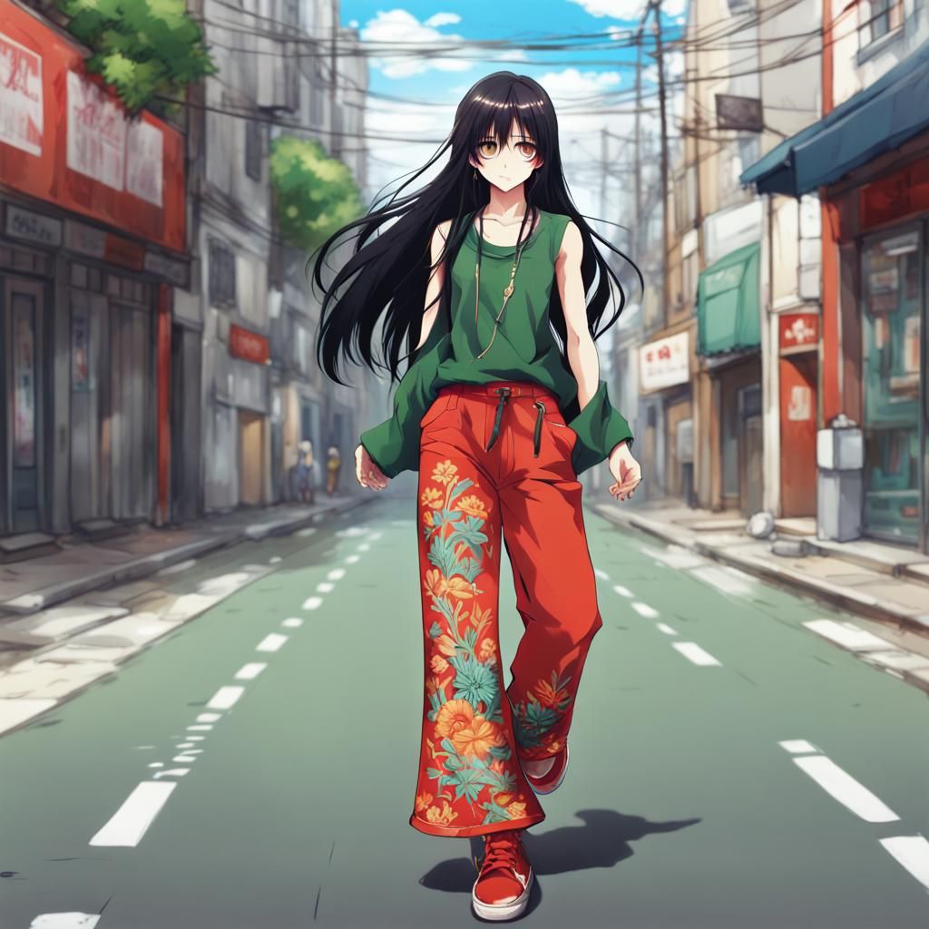 Girl in Embroidered Pants: Anime Style Street Scene