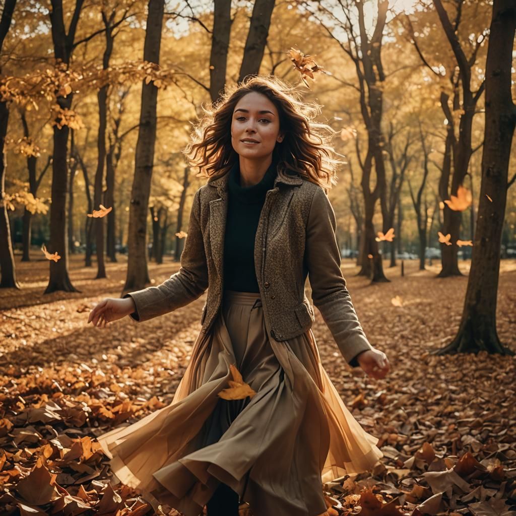 Girl Twirling in Autumn Leaves: Cinematic Still