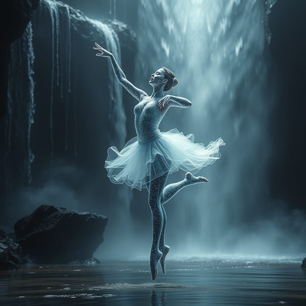 Ethereal Water Droplet Ballerina Dances in Dramatic Cascadin...