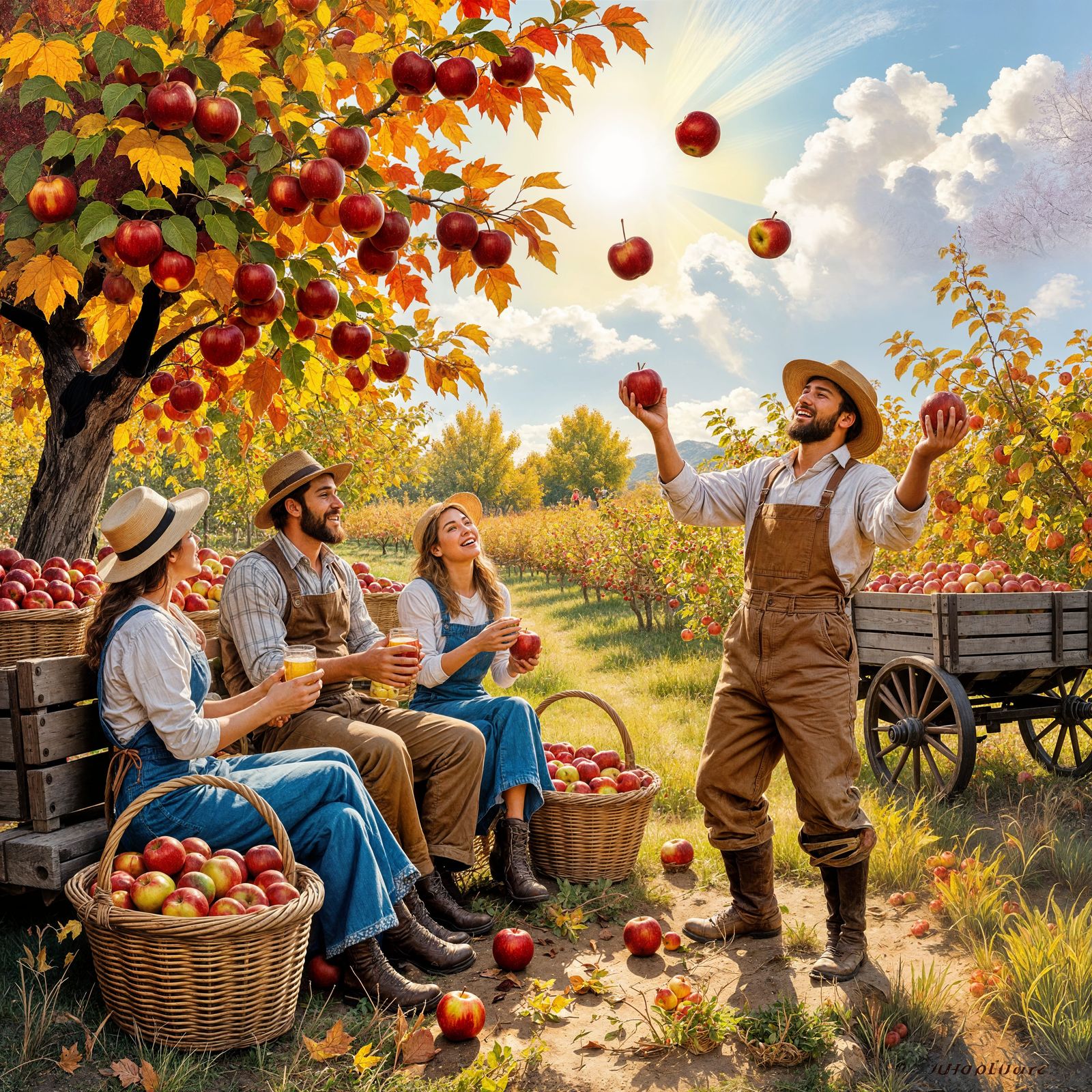 Autumn Apple Orchard Scene with Relaxing Farm Workers