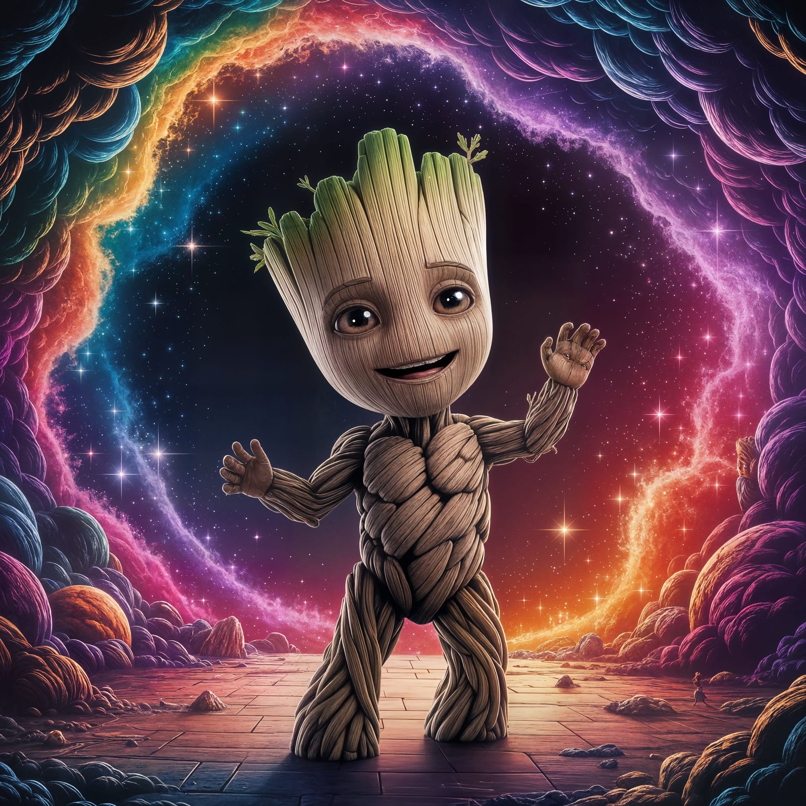 Enchanting Space Scene with Dancing Baby Groot