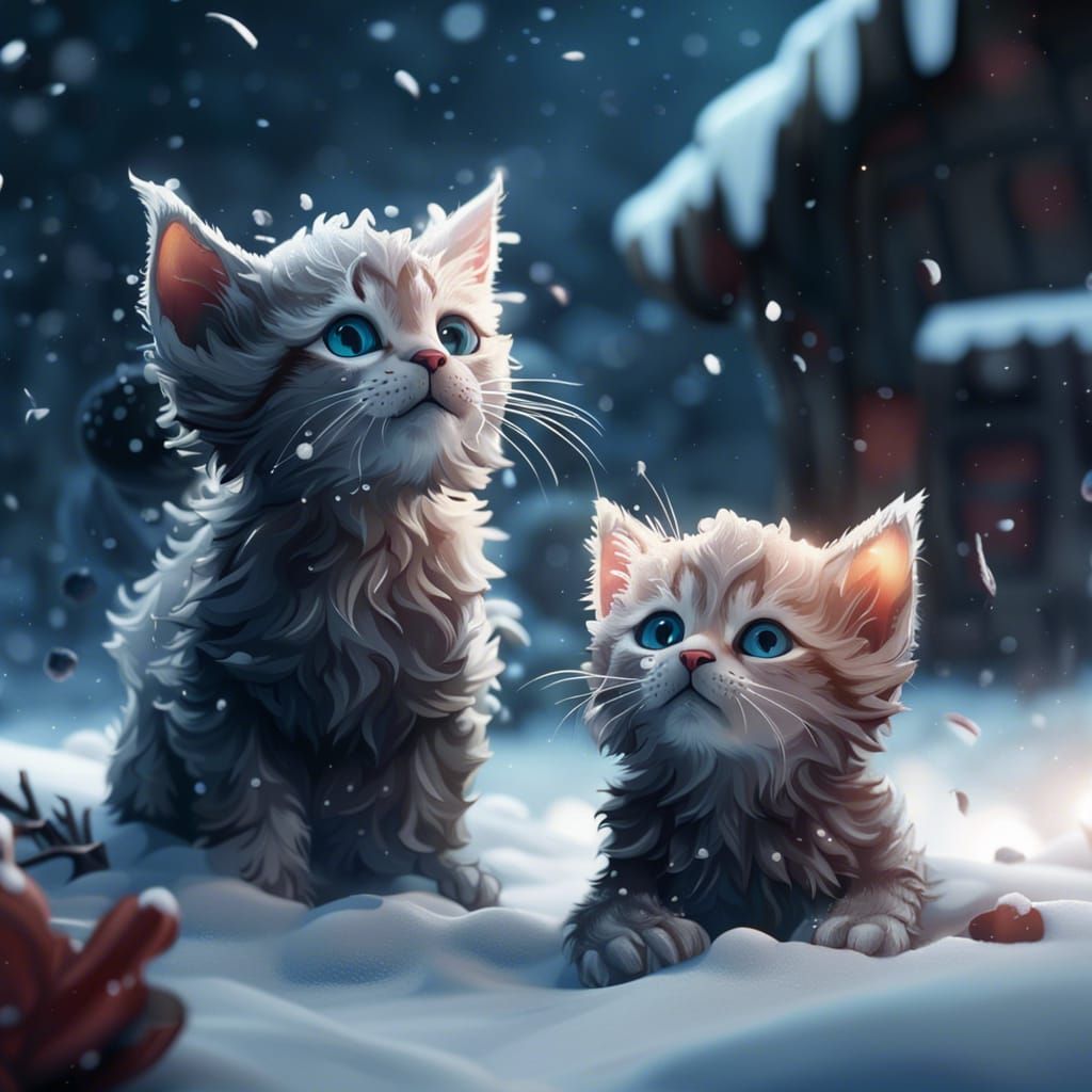 Kittens Play in Winter Snow: Fantasy Concept Art