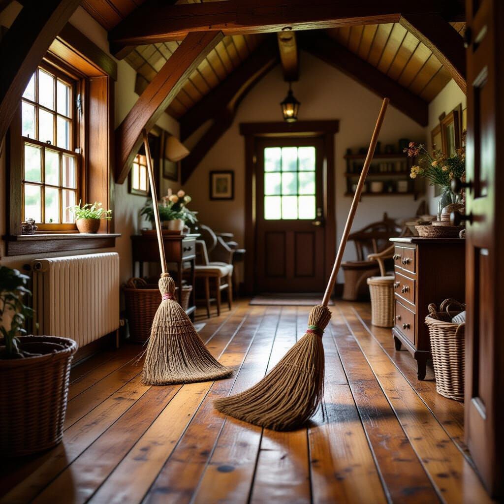 Magical Brooms Cleaning Cottage Interior
