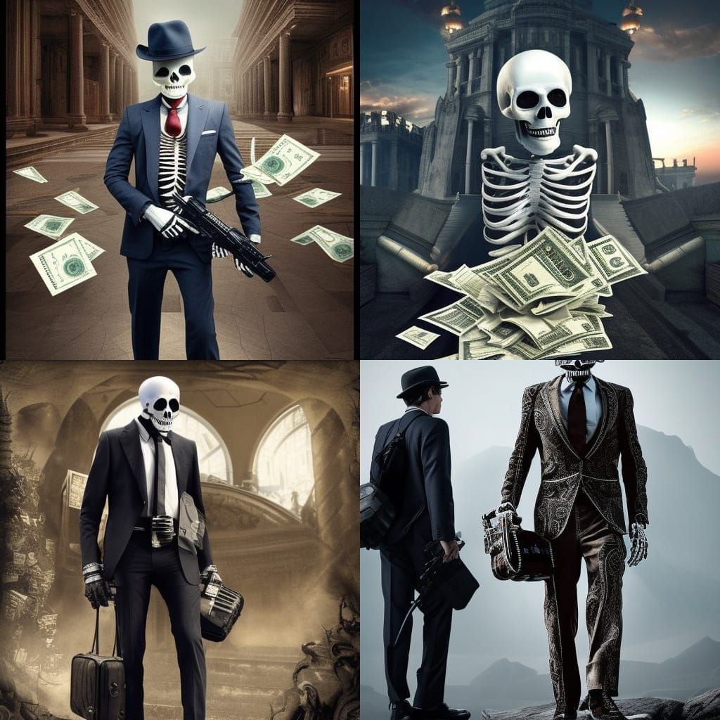 Skeleton in Suit with Cash and Gun: Digital Matte Painting