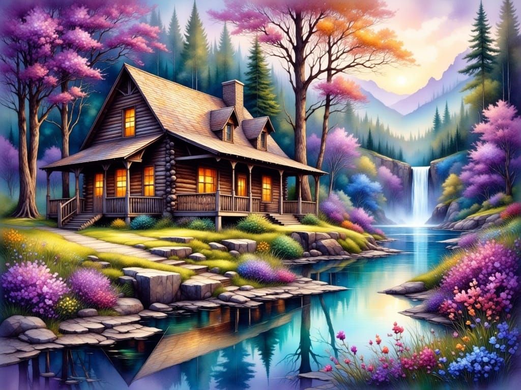 Ethereal Watercolor Log Cabin Amidst a River and Waterfall