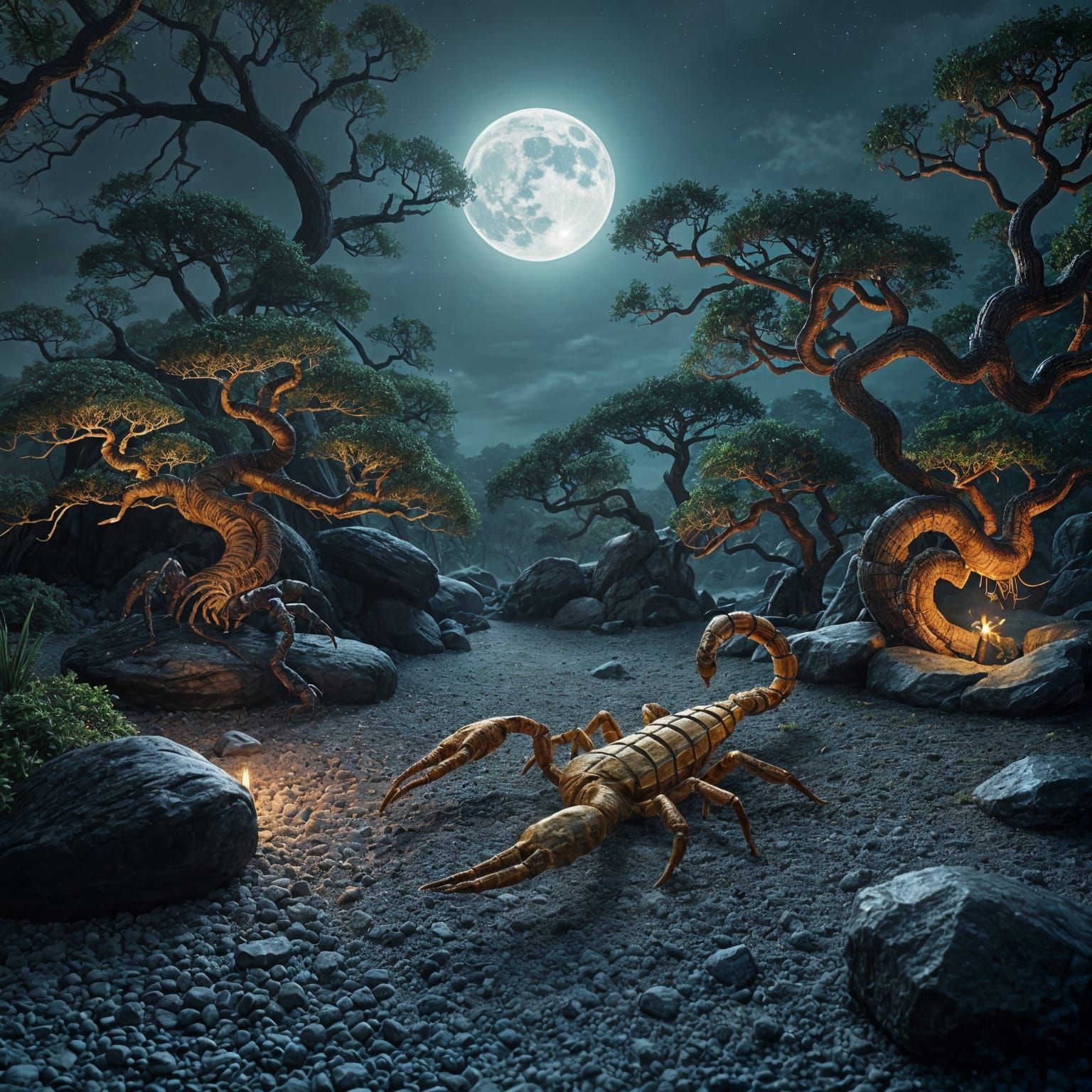 Scorpion Zen Garden in Moonlight