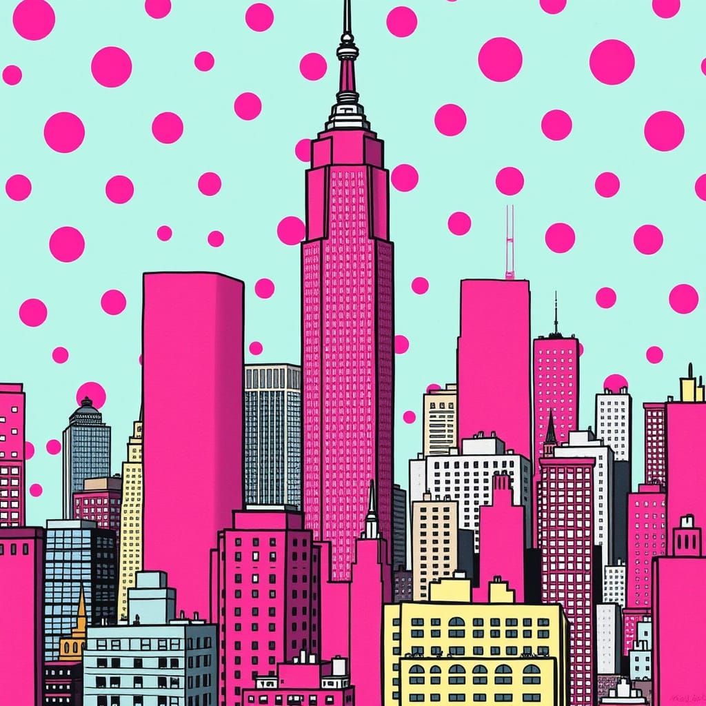 Manhattan all the buildings are covered in bright pink polka...