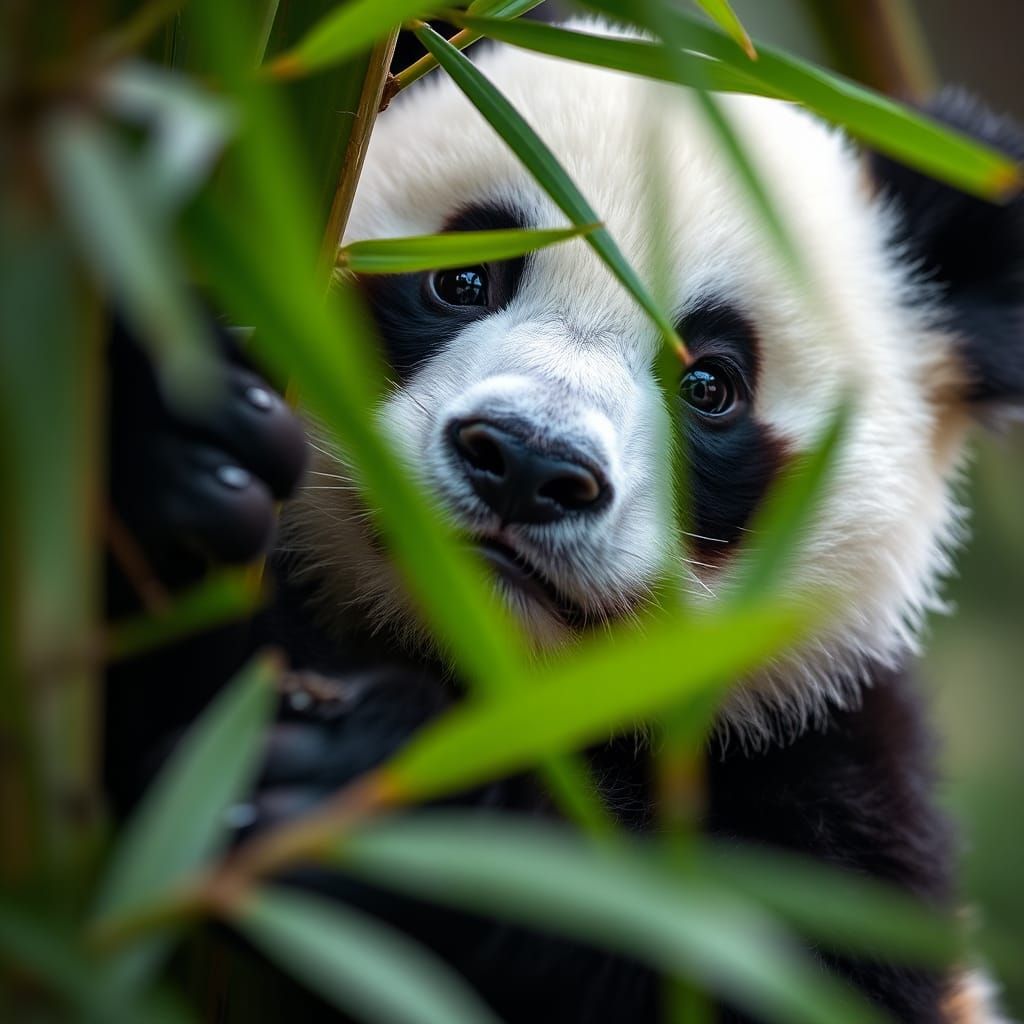 Charming Panda Portrait with Bamboo and Bokeh
