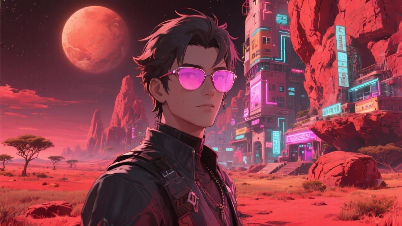 Exotic Planet Savannah with Neon Rocky Buildings