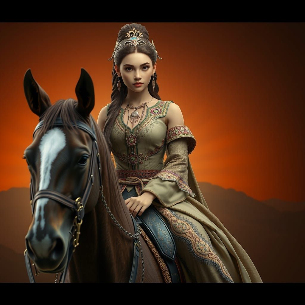 Girl on Horse in Ornate Clothing: Digital Art