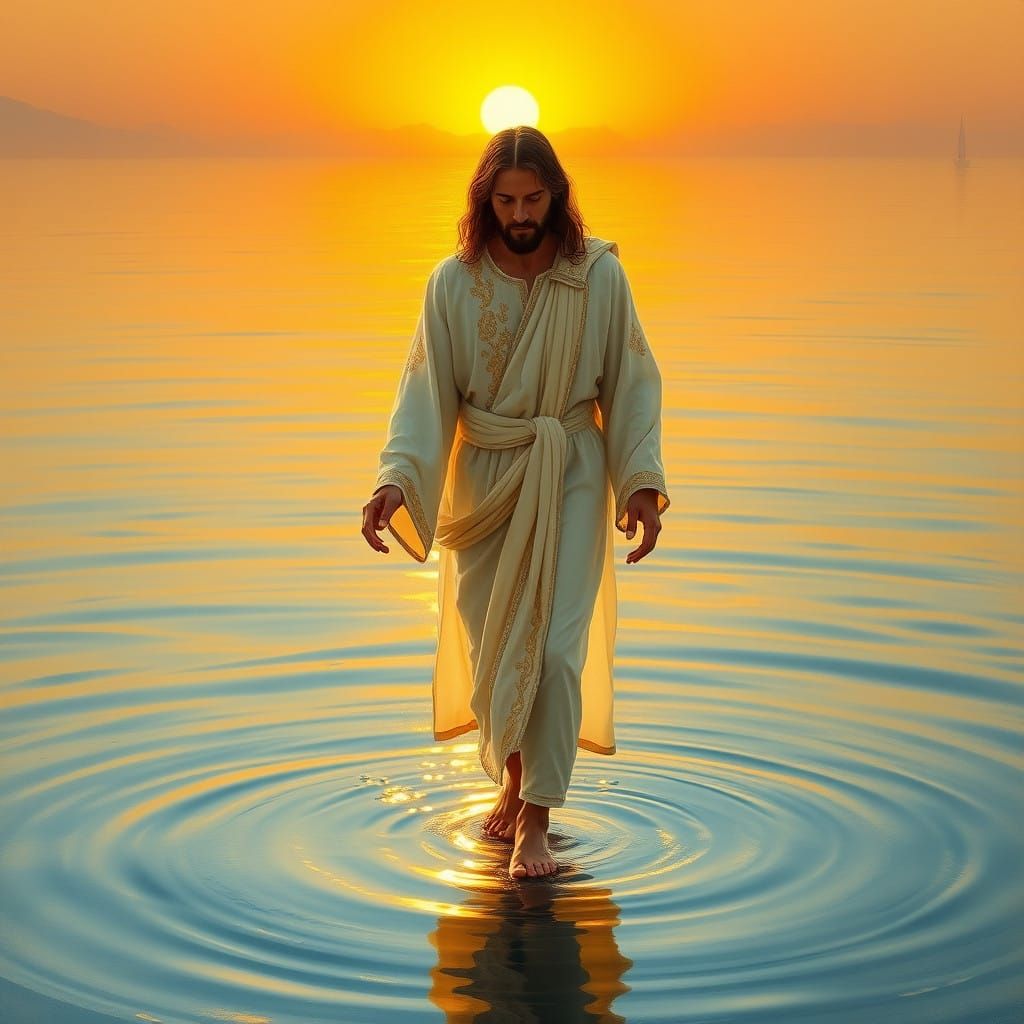 Christ Walking Serenely on the Sea of Galilee in a Dreamlike...