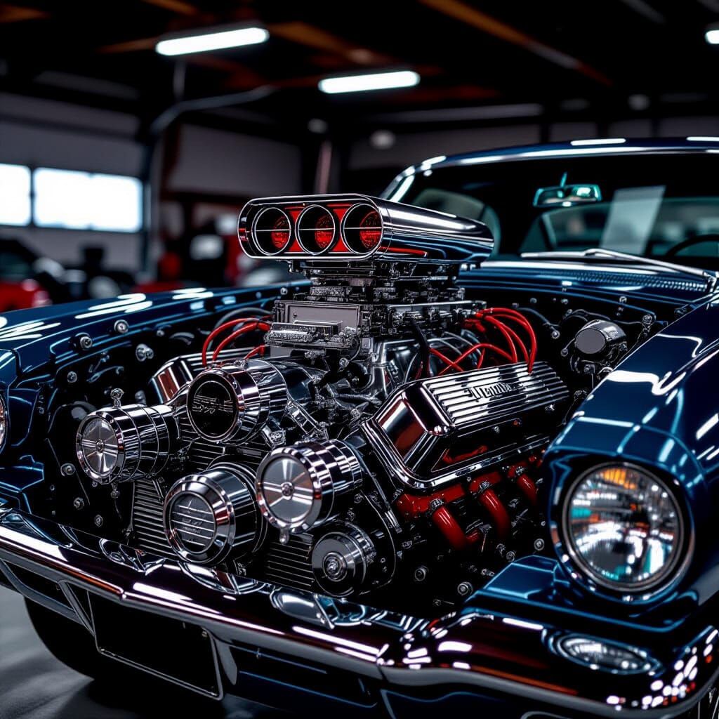 Hyperrealistic V8 Engine Close-Up in Garage