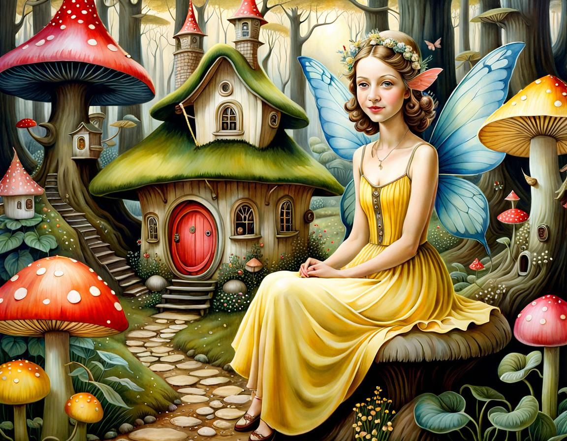Smiling Fairy in Whimsical Village: Watercolor Art
