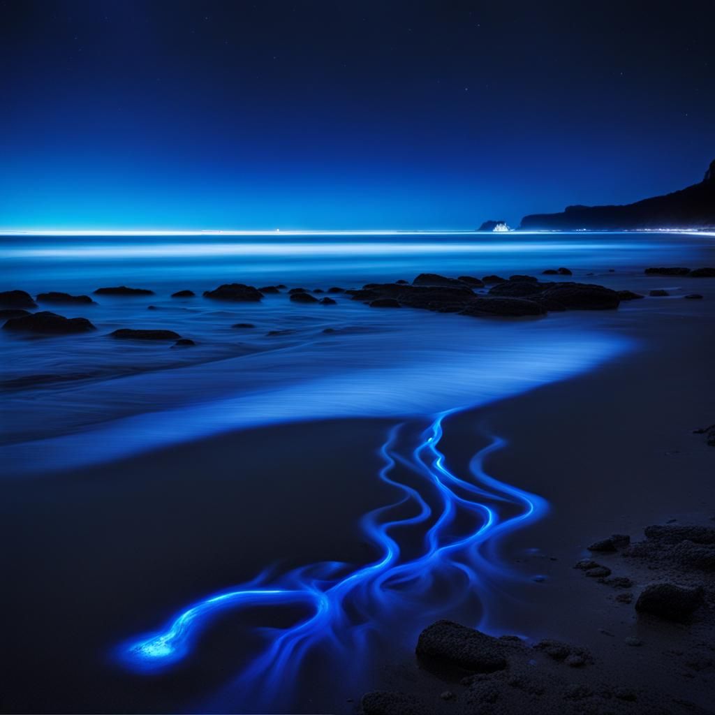 Electric Blue Bioluminescent Beach at Night