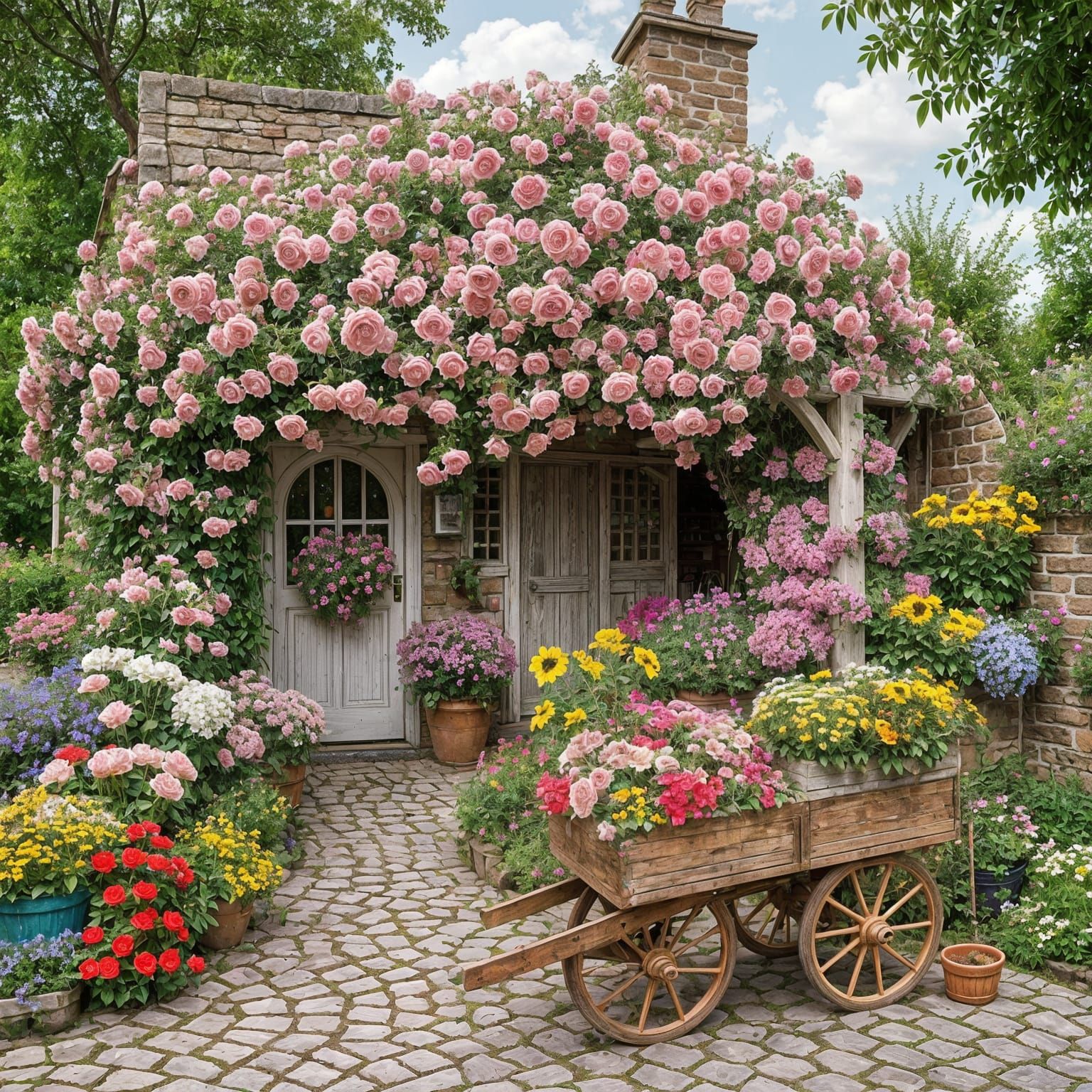 Rustic Cobblestone Home with Exquisite Flower Garden