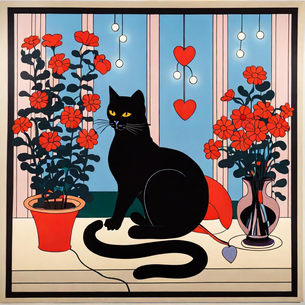 Pop Art Cat Surrounded by Flowers and Lights