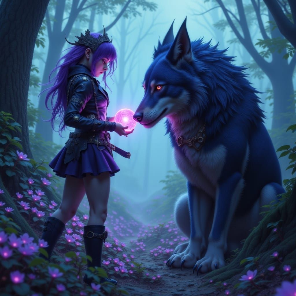 Punk Princess Shares Light with Wolf in Surreal Forest