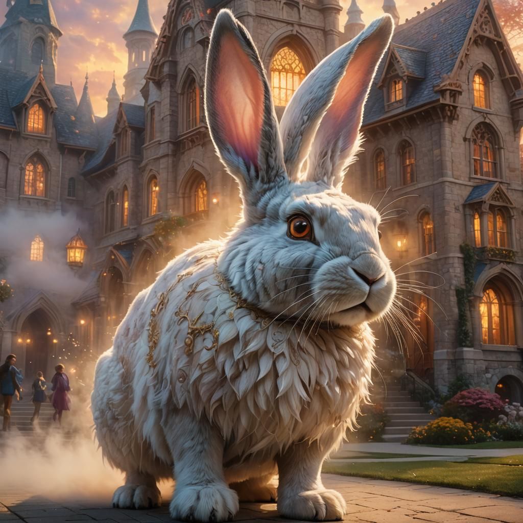Giant Rabbit Attacks School in Ethereal Fantasy Style