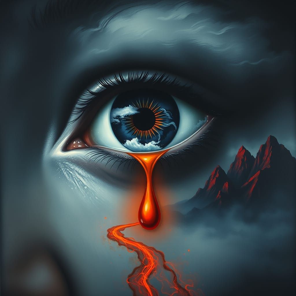 An eye whose iris reflects a turbulent ocean in dark blue tones. A luminous tear emerges from the tear duct and flows do...