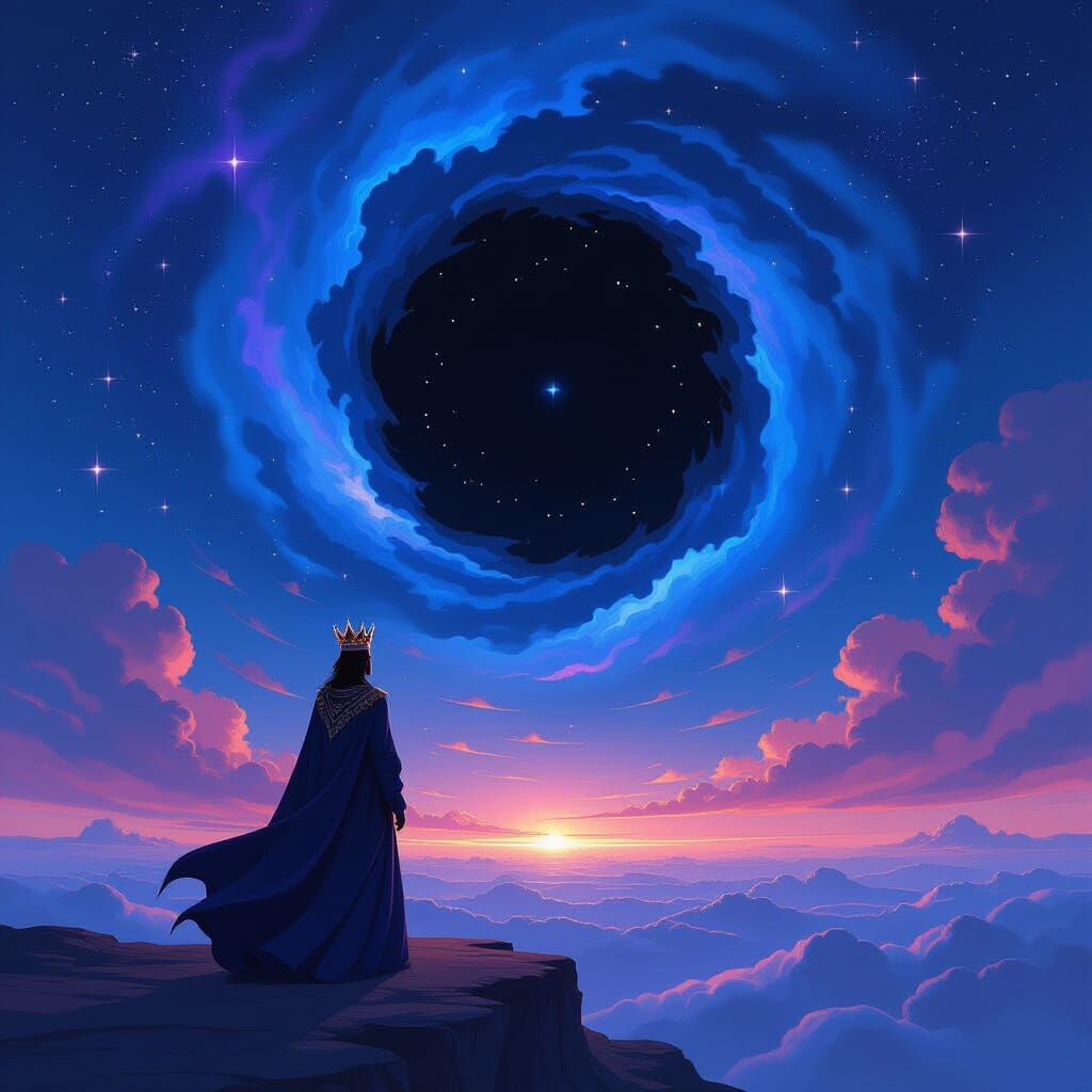 Regal Figure at Cosmic Edge, Guided by Stars